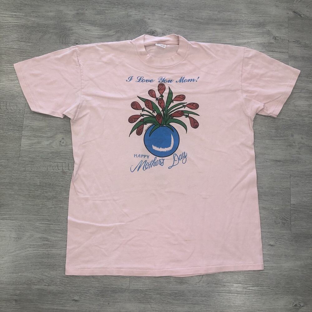 Vintage Mothers Day Top Women XL I Love You Mom T Shirt Novelty Gift Tee In Pink